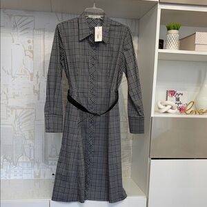 NEW with Tag - Plaid Button-Front Long-Sleeve Shirt Dress with Black Belt